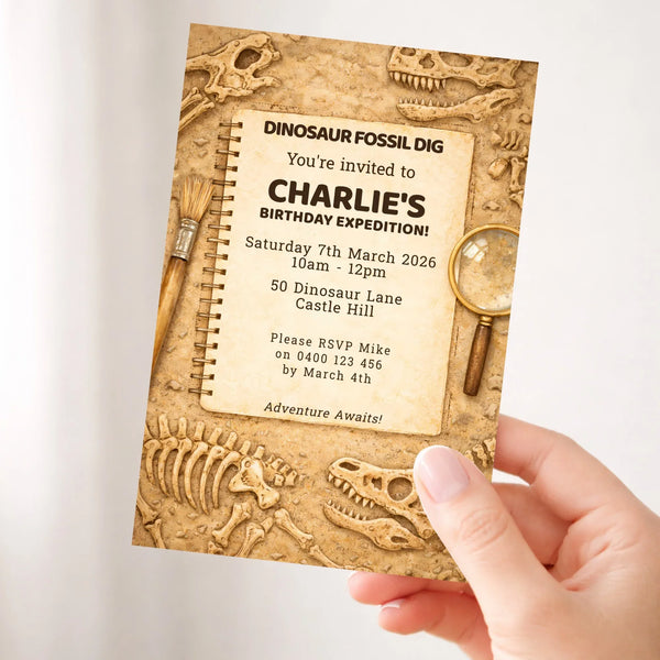 Personalised Dinosaur Fossil Dig Birthday Invitations Printed - Sticksy Prints Australia