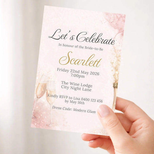 Personalised Hens Party Invitation | Modern Glam Blush & Gold | Printed 4×6 Invite - Sticksy Prints Australia