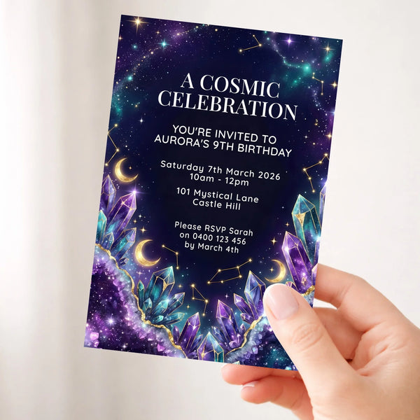 Personalised Cosmic Birthday Invitations | Galaxy Crystal Celestial Party Invite - Sticksy Prints Australia
