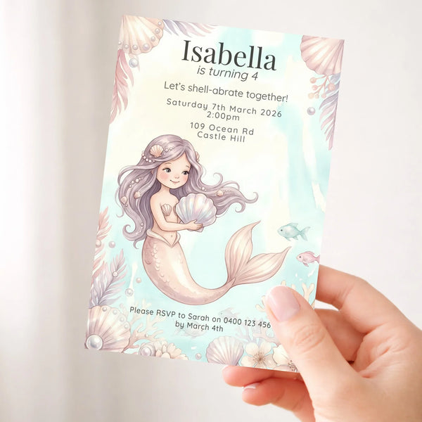 Personalised Mermaid Birthday Party Invitations Printed Kids Invite Under the Sea - Sticksy Prints Australia