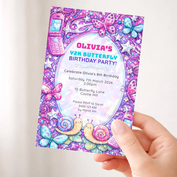 Y2K Butterfly Birthday Invitations | Retro Pink Purple Glam Kids Party Invite - Sticksy Prints Australia