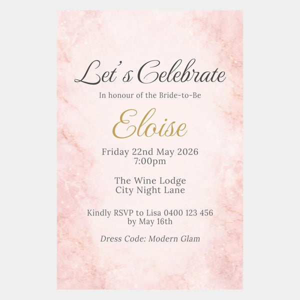 Personalised Hens Party Invitation | Blush Marble Modern Glam | Printed 4×6 Invite - Sticksy Prints Australia
