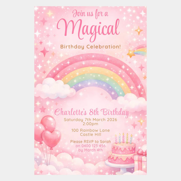 Personalised Rainbow Birthday Party Invitations Printed Magical Pink - Sticksy Prints Australia