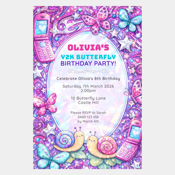 Y2K Butterfly Birthday Invitations | Retro Pink Purple Glam Kids Party Invite - Sticksy Prints Australia