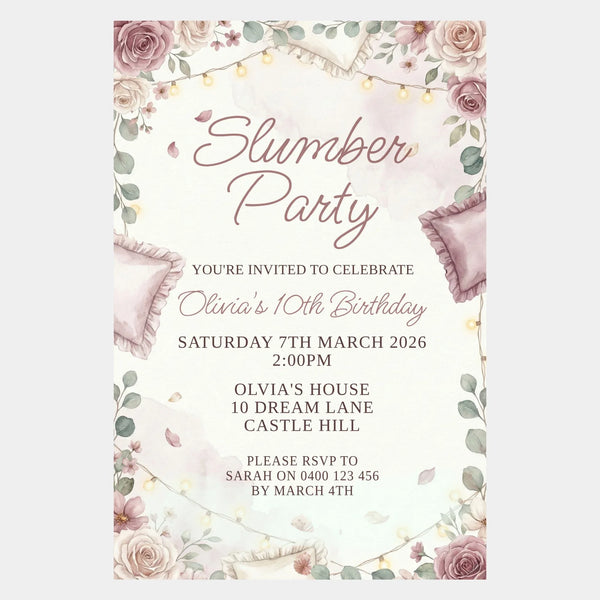 Personalised Slumber Party Birthday Invitations – Elegant Sleepover Theme - Sticksy Prints Australia