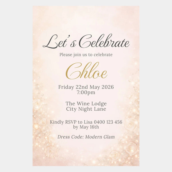 Personalised Hens Party Invitation | Champagne Sparkle Blush & Gold | Printed 4×6 Invite - Sticksy Prints Australia