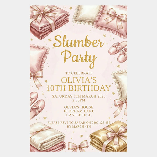 Personalised Slumber Party Birthday Invitation – Elegant Blush & Gold Sleepover - Sticksy Prints Australia