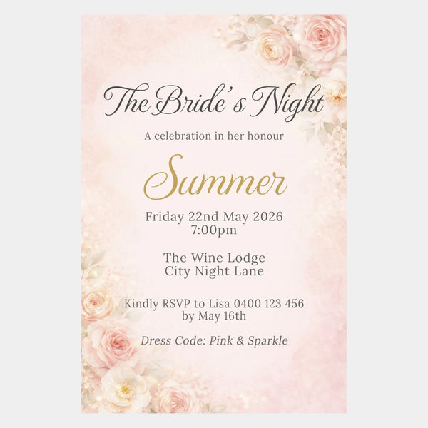 Personalised Hens Party Invitation | Romantic Floral Blush & Gold | Printed 4×6 Invite - Sticksy Prints Australia