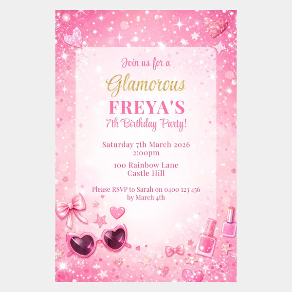 Personalised Pink Glam Birthday Party Invitations Printed Invites - Sticksy Prints Australia
