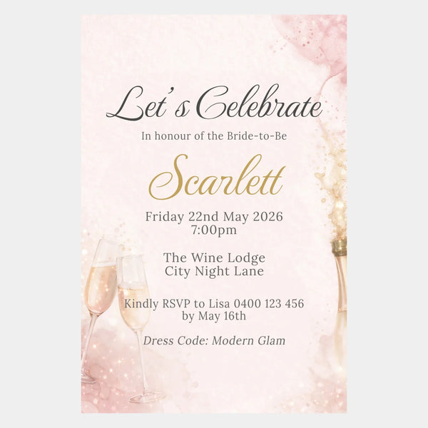 Personalised Hens Party Invitation | Modern Glam Blush & Gold | Printed 4×6 Invite - Sticksy Prints Australia