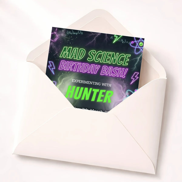 Personalised Mad Science Birthday Party Invitations Printed - Sticksy Prints Australia