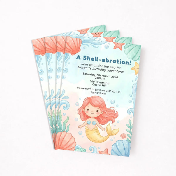 Personalised Mermaid Birthday Party Invitations Printed Cute Under the Sea - Sticksy Prints Australia