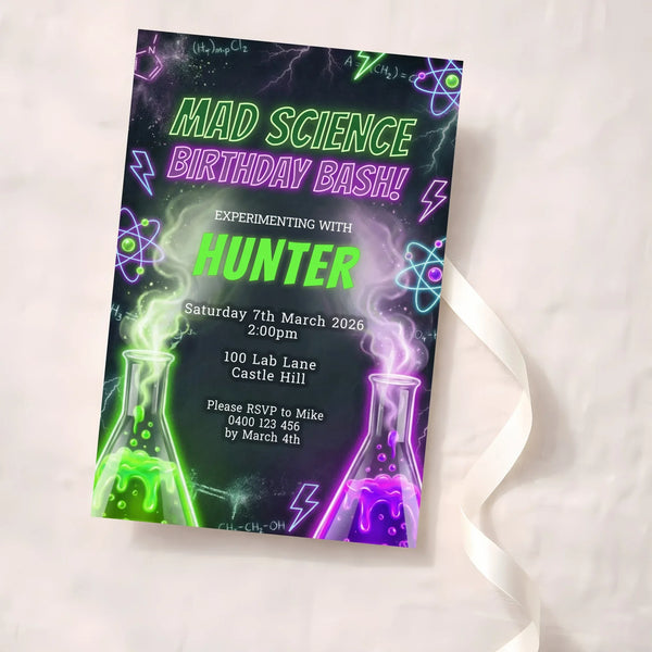 Personalised Mad Science Birthday Party Invitations Printed - Sticksy Prints Australia