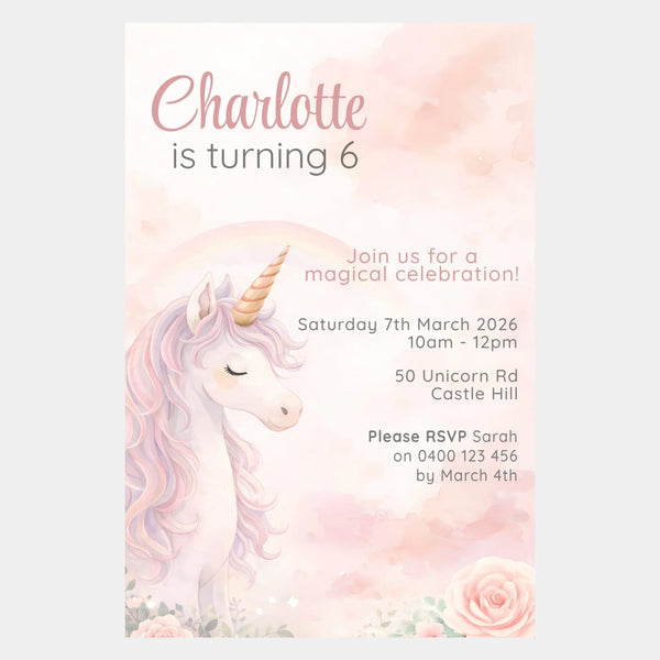 Blush Unicorn Birthday Invitations | Personalised Pastel Party Invites - Sticksy Prints Australia