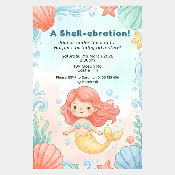 Personalised Mermaid Birthday Party Invitations Printed Cute Under the Sea - Sticksy Prints Australia