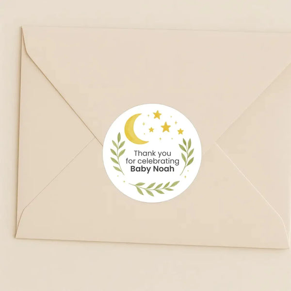 Moon & Stars Baby Shower Thank You Stickers – Personalised Celestial Favour Labels - Sticksy Prints Australia
