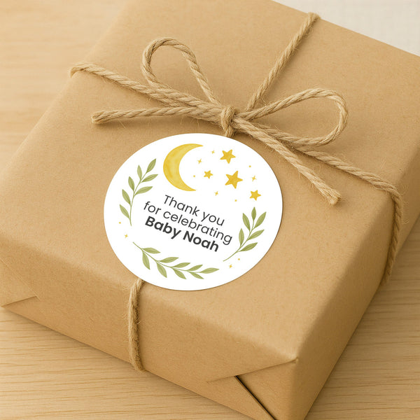 Moon & Stars Baby Shower Thank You Stickers – Personalised Celestial Favour Labels