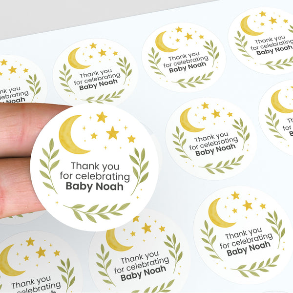 Moon & Stars Baby Shower Thank You Stickers – Personalised Celestial Favour Labels