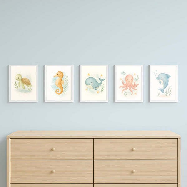 Ocean Nursery Wall Art Set – Whale Dolphin Octopus Seahorse & Turtle | PDF Printable Digital Download