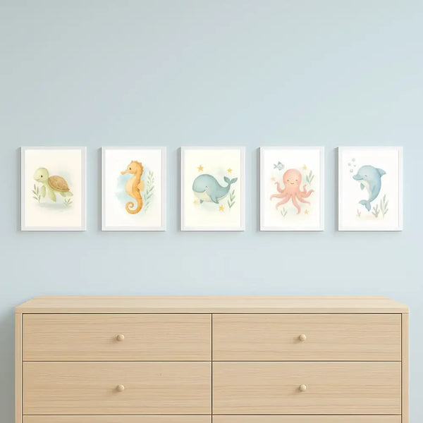 Ocean Nursery Wall Art Set – Whale, Dolphin, Octopus, Seahorse & Turtle | PDF Printable Digital Download - Sticksy Prints Australia