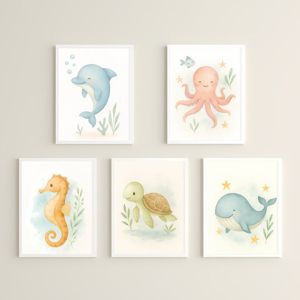 Ocean Nursery Wall Art Set – Whale Dolphin Octopus Seahorse & Turtle | PDF Printable Digital Download