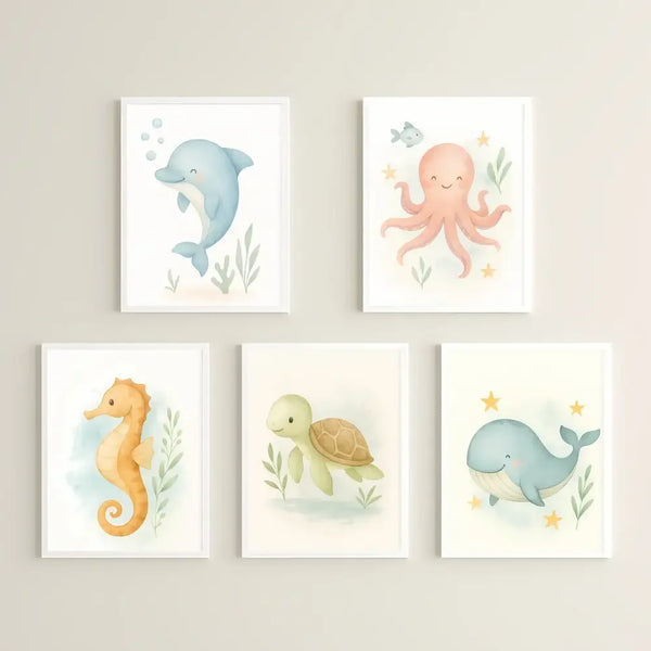 Ocean Nursery Wall Art Set – Whale, Dolphin, Octopus, Seahorse & Turtle | PDF Printable Digital Download - Sticksy Prints Australia
