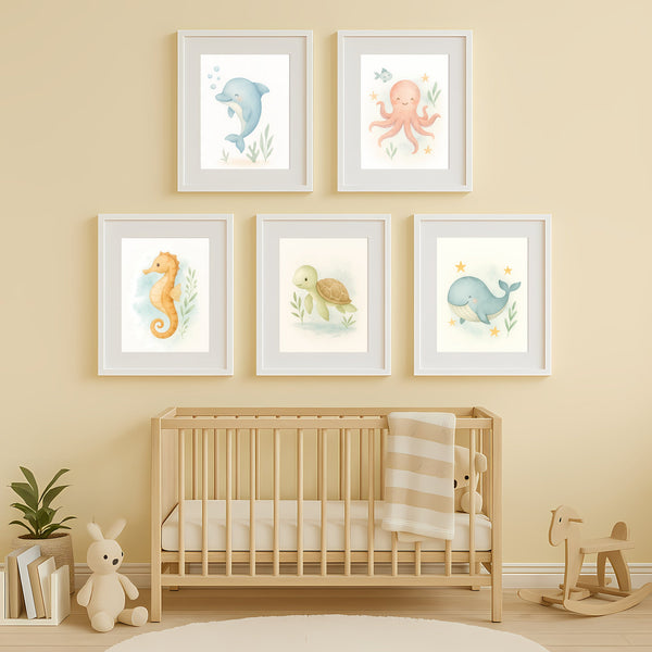 Ocean Nursery Wall Art Set – Whale Dolphin Octopus Seahorse & Turtle | PDF Printable Digital Download