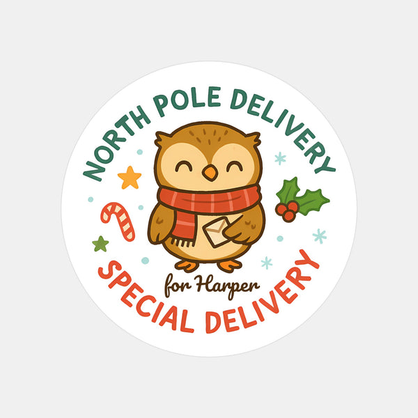 Owl Personalised Christmas Stickers – North Pole Delivery Label