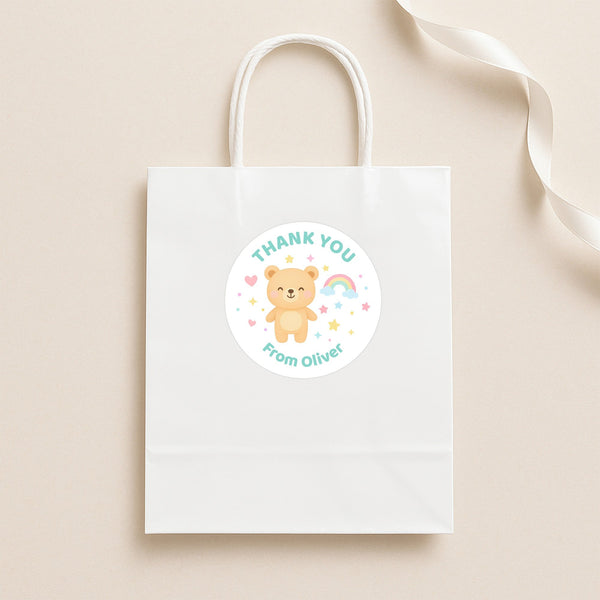 Pastel Bear Thank You Stickers – Custom Name Kids Birthday Party Favour Labels