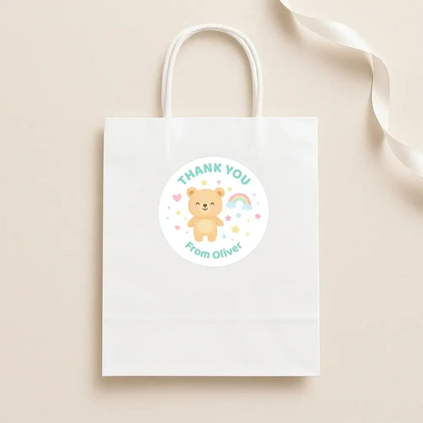 Pastel Bear Thank You Stickers – Custom Name Kids Birthday Party Favour Labels - Sticksy Prints Australia