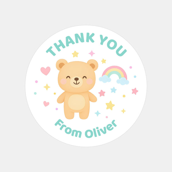 Pastel Bear Thank You Stickers – Custom Name Kids Birthday Party Favour Labels