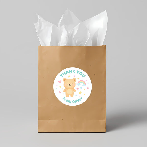 Pastel Bear Thank You Stickers – Custom Name Kids Birthday Party Favour Labels