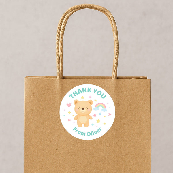 Pastel Bear Thank You Stickers – Custom Name Kids Birthday Party Favour Labels