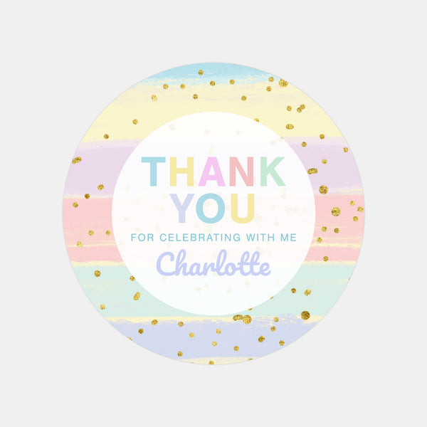 Pastel Brushstroke Thank You Stickers – Custom Name Kids Birthday Party Favour Labels
