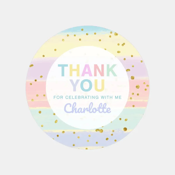 Pastel Brushstroke Thank You Stickers – Custom Name Kids Birthday Party Favour Labels - Sticksy Prints Australia