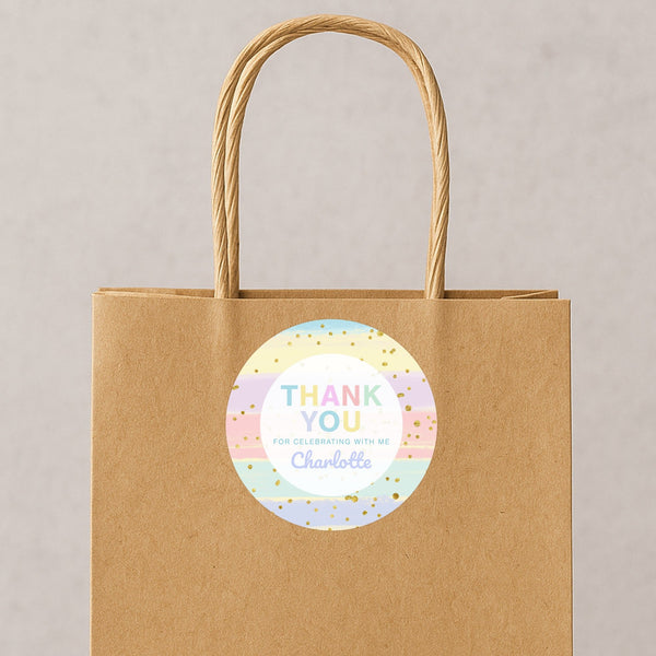 Pastel Brushstroke Thank You Stickers – Custom Name Kids Birthday Party Favour Labels