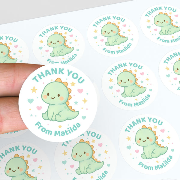 Pastel Dinosaur Thank You Stickers – Custom Name Kids Birthday Party Favour Labels