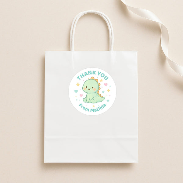 Pastel Dinosaur Thank You Stickers – Custom Name Kids Birthday Party Favour Labels