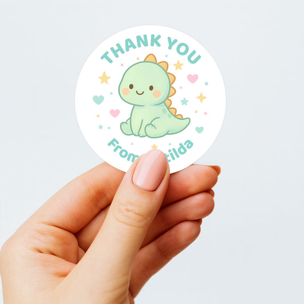 Pastel Dinosaur Thank You Stickers – Custom Name Kids Birthday Party Favour Labels