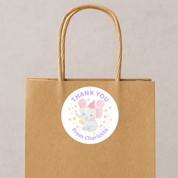Pastel Elephant Thank You Stickers – Custom Name Kids Birthday Party Favour Labels