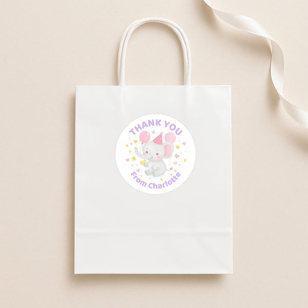 Pastel Elephant Thank You Stickers – Custom Name Kids Birthday Party Favour Labels