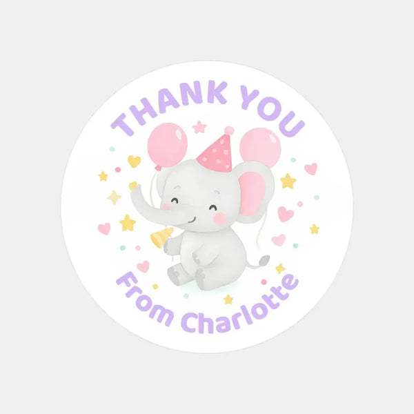 Pastel Elephant Thank You Stickers – Custom Name Kids Birthday Party Favour Labels - Sticksy Prints Australia