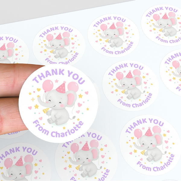Pastel Elephant Thank You Stickers – Custom Name Kids Birthday Party Favour Labels