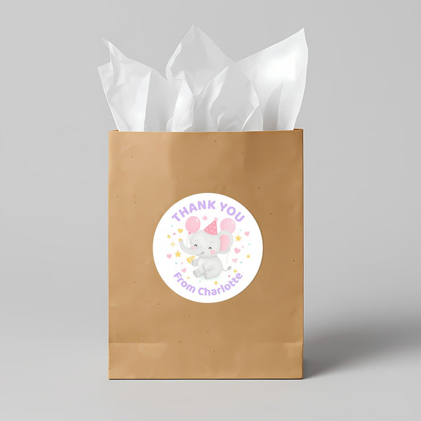 Pastel Elephant Thank You Stickers – Custom Name Kids Birthday Party Favour Labels