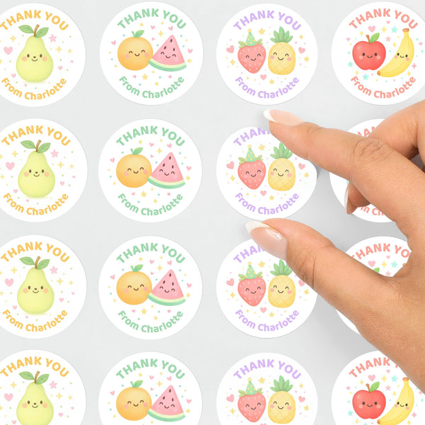 Pastel Fruit Thank You Stickers – Set of 4 Designs – Custom Name Kids Birthday Party Favour Labels