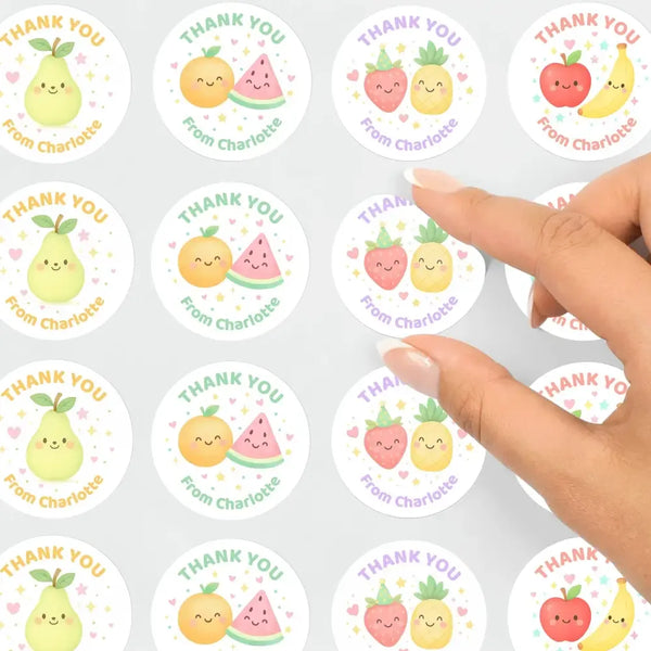 Pastel Fruit Thank You Stickers – Set of 4 Designs – Custom Name Kids Birthday Party Favour Labels - Sticksy Prints Australia