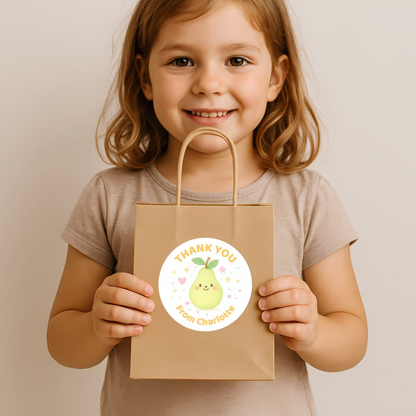 Pastel Fruit Thank You Stickers – Set of 4 Designs – Custom Name Kids Birthday Party Favour Labels