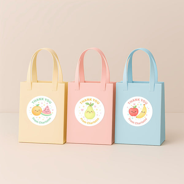 Pastel Fruit Thank You Stickers – Set of 4 Designs – Custom Name Kids Birthday Party Favour Labels
