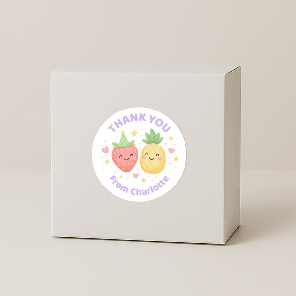 Pastel Fruit Thank You Stickers – Set of 4 Designs – Custom Name Kids Birthday Party Favour Labels