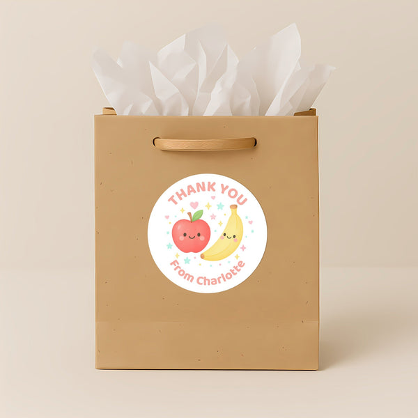 Pastel Fruit Thank You Stickers – Set of 4 Designs – Custom Name Kids Birthday Party Favour Labels